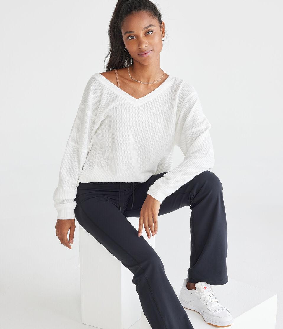 Aéropostale Long Sleeve Wear 2 Ways Cozy Waffle Tee Cream
