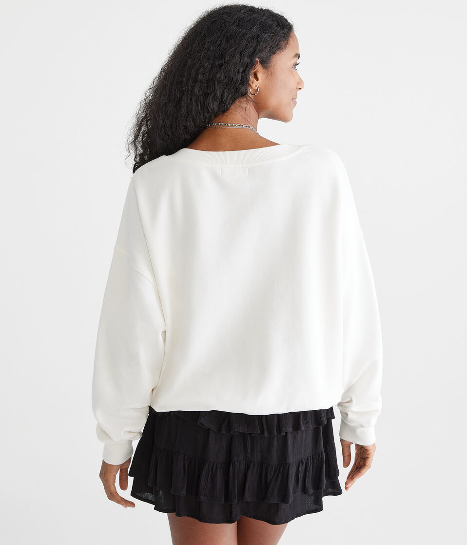 Aéropostale Love Oversized V-Neck Crew Sweatshirt Cream