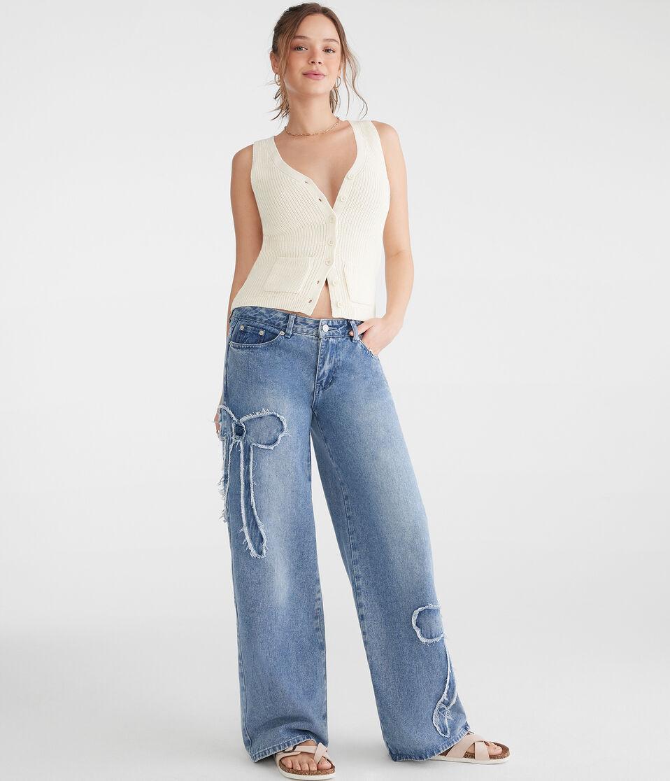 Aéropostale Low-Rise Baggy Wide Leg Frayed Bows Jean Light Wash