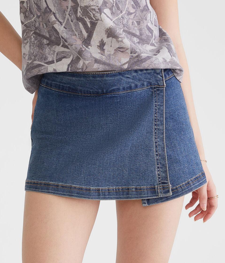 aéropostale Low-Rise Denim Wrap Mini Skort medium wash