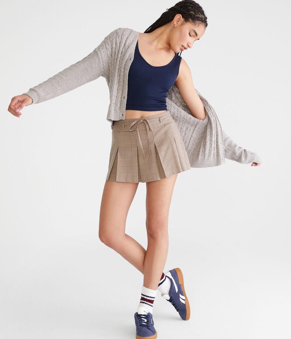 Aéropostale Low-Rise Houndstooth Tie-Waist Mini Skort Biscuit