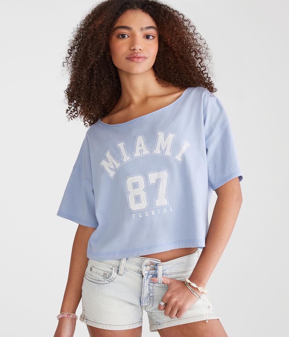 aéropostale Miami 87 Off-The-Shoulder Cropped Boyfriend Graphic Tee royal blue