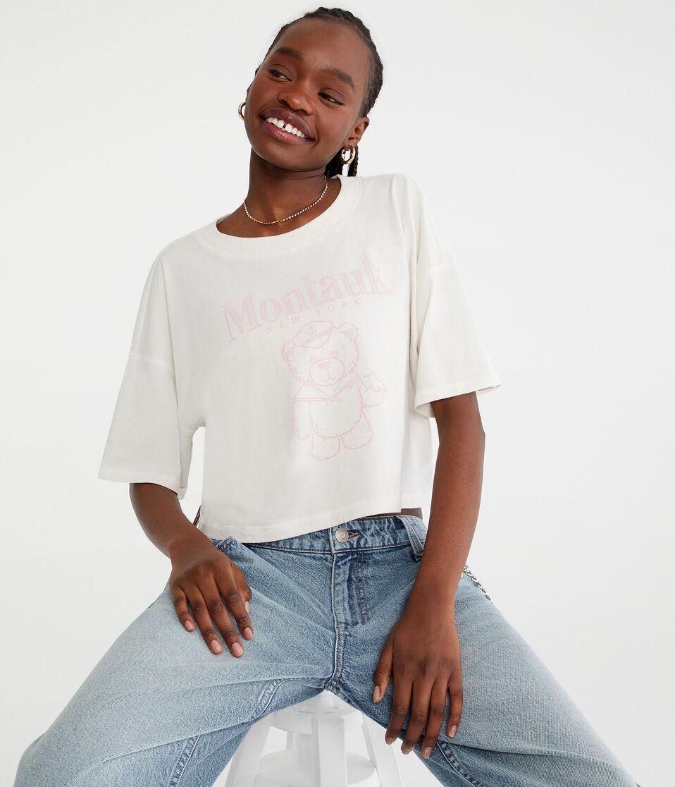 Aéropostale Montauk Teddy Bear Cropped Boyfriend Graphic Tee Gardenia