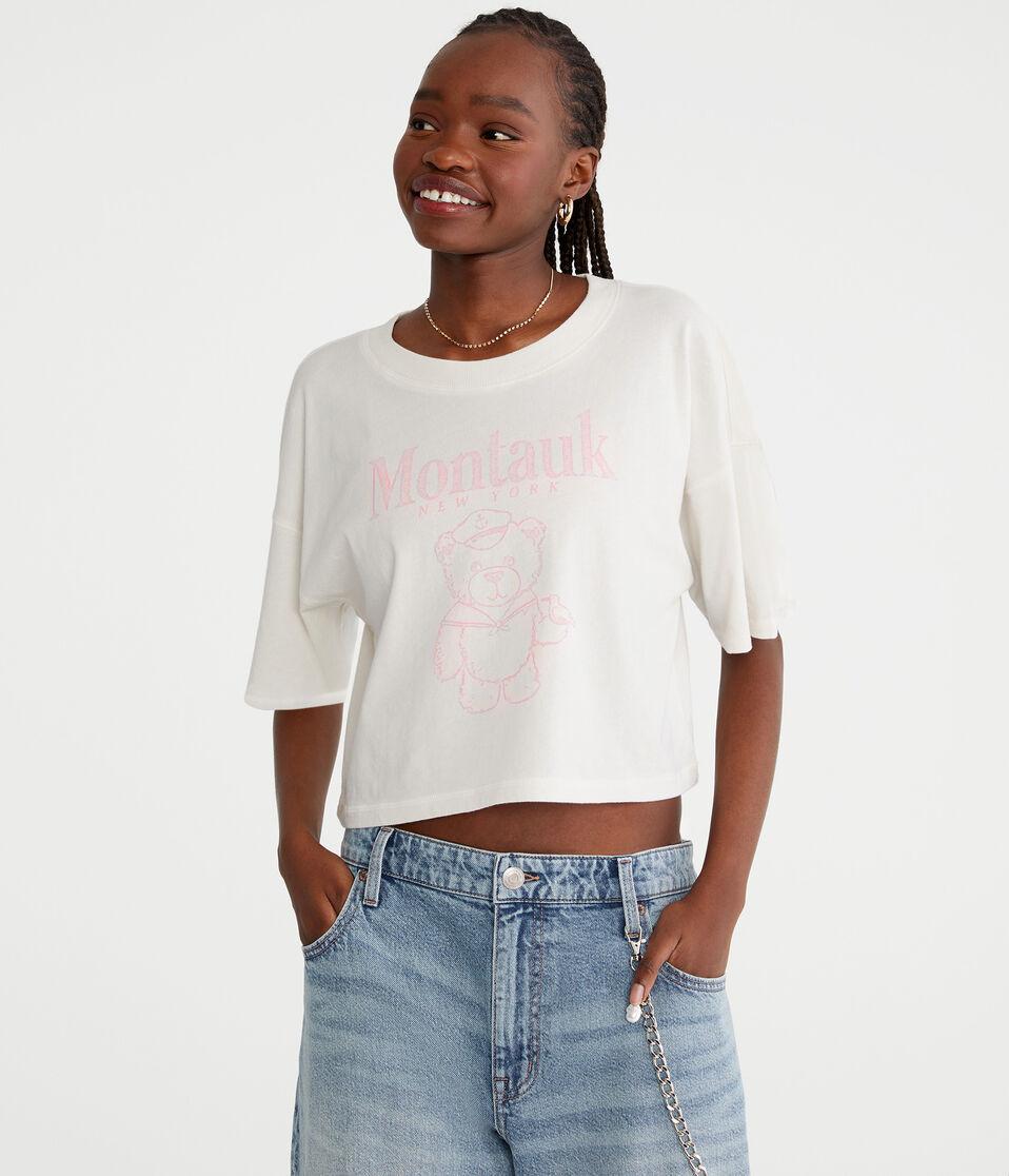 aéropostale Montauk Teddy Bear Cropped Boyfriend Graphic Tee gardenia