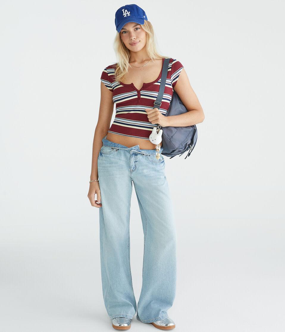 Aéropostale Multi Stripe Scoop-Neck Henley Rodeo Red
