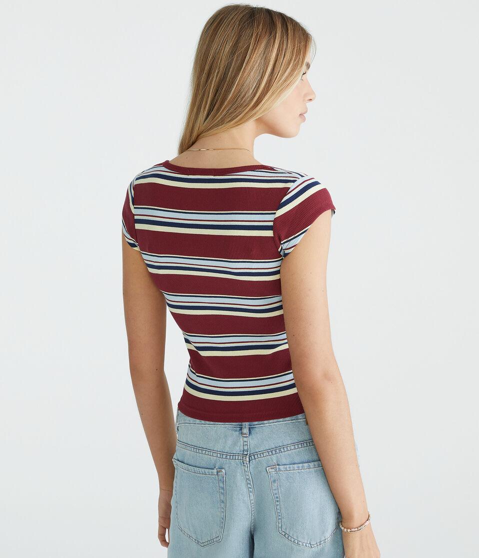 Aéropostale Multi Stripe Scoop-Neck Henley Rodeo Red