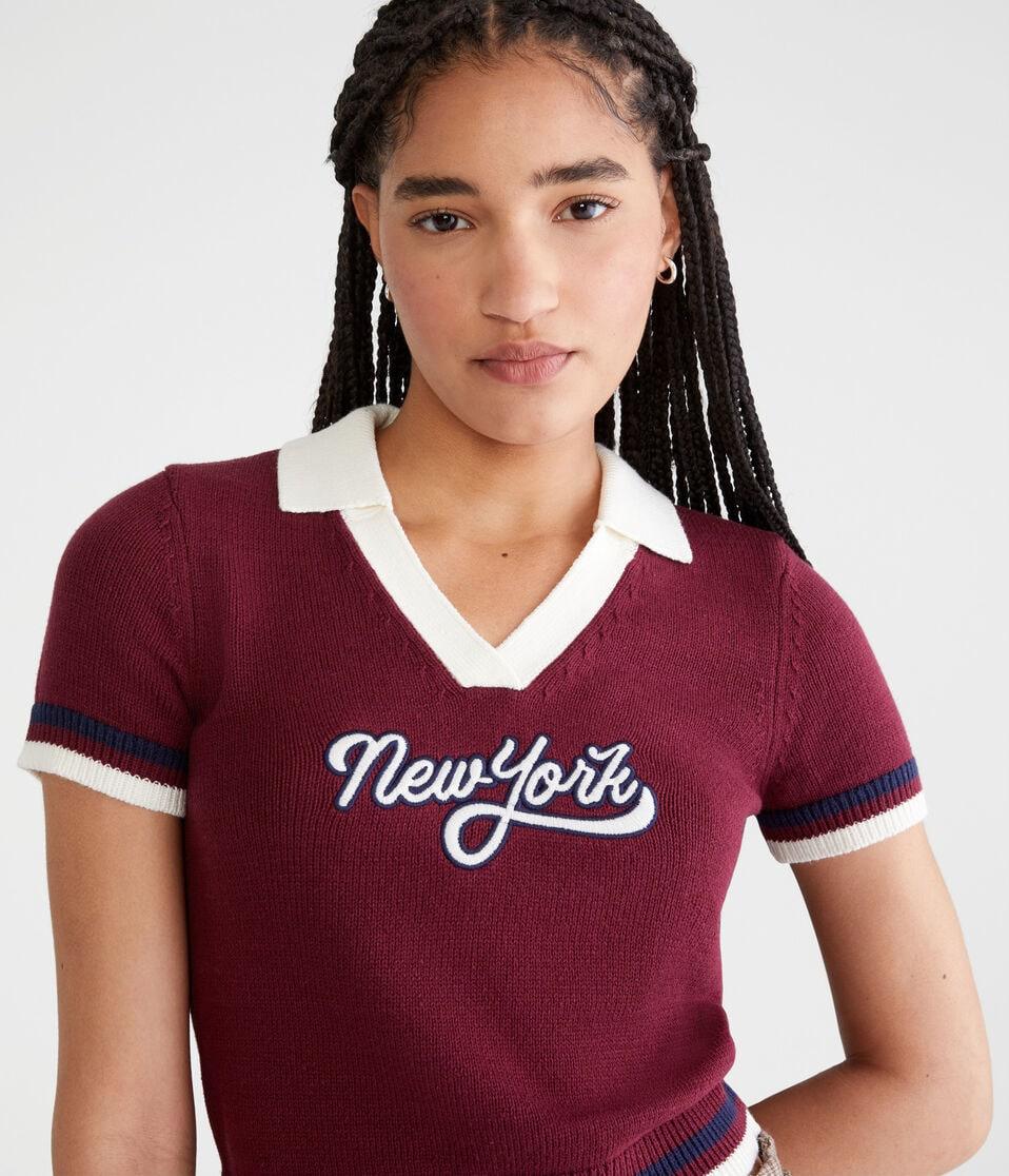 Aéropostale New York Cropped Graphic Sweater Polo Red Bark