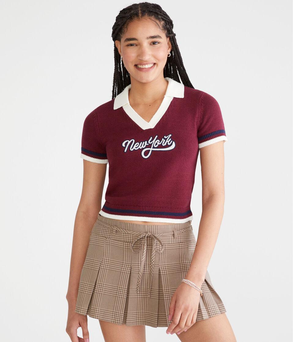 aéropostale New York Cropped Graphic Sweater Polo red bark