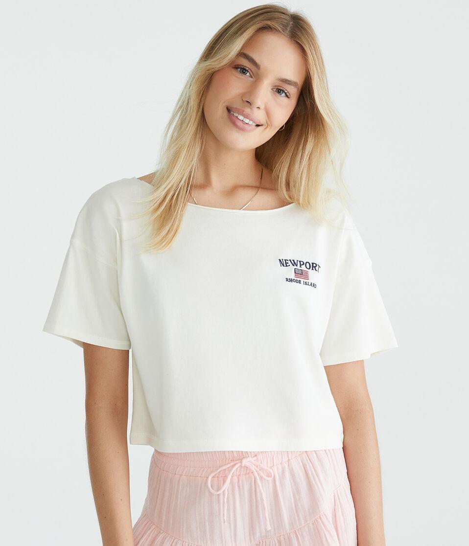 Aéropostale Newport Flag Off-The-Shoulder Cropped Boyfriend Graphic Tee Cream