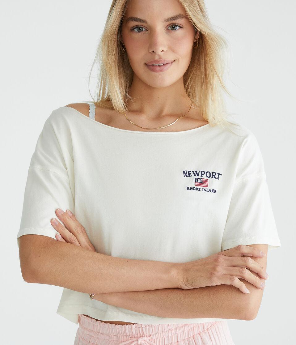 aéropostale Newport Flag Off-The-Shoulder Cropped Boyfriend Graphic Tee cream