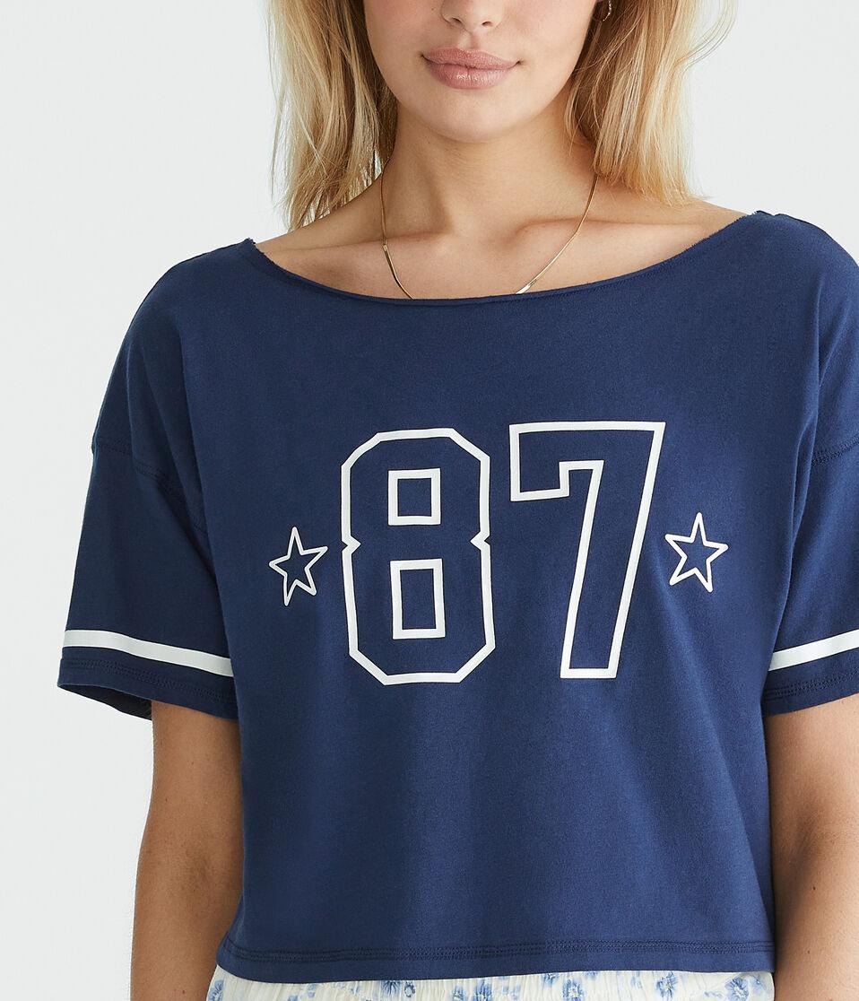 Aéropostale Number 87 Off-The-Shoulder Cropped Boyfriend Graphic Tee Naval Blue
