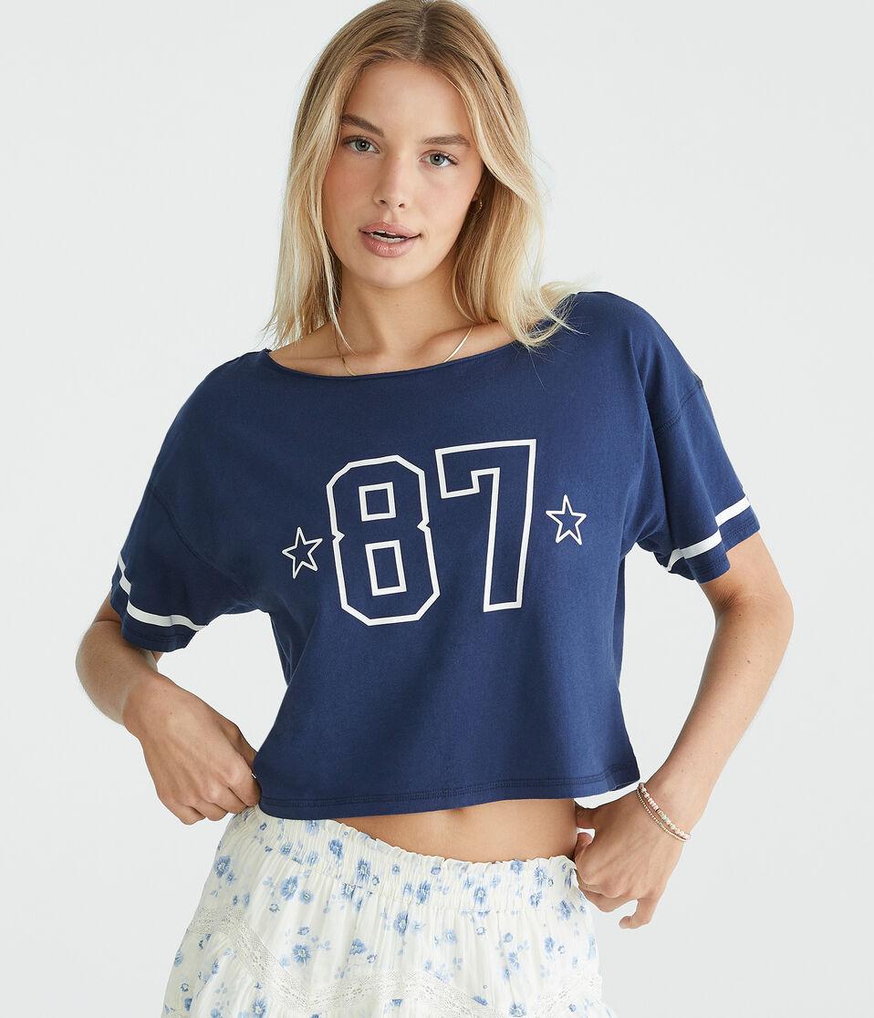 Aéropostale Number 87 Off-The-Shoulder Cropped Boyfriend Graphic Tee Naval Blue
