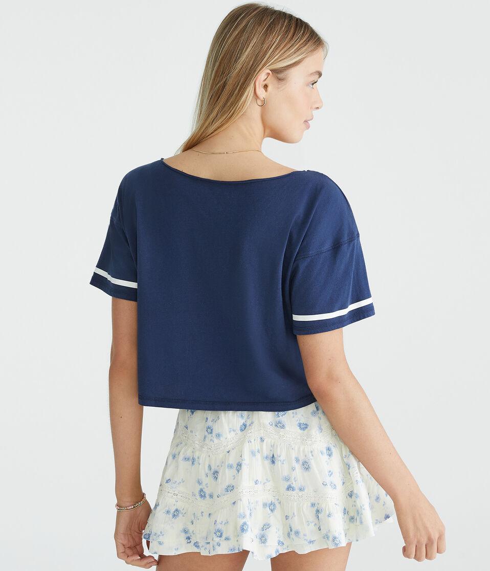 Aéropostale Number 87 Off-The-Shoulder Cropped Boyfriend Graphic Tee Naval Blue