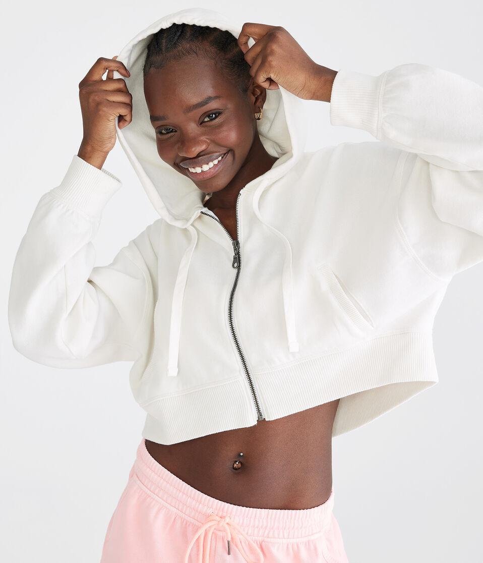 aéropostale Oversized Cropped Full-Zip Hoodie cream