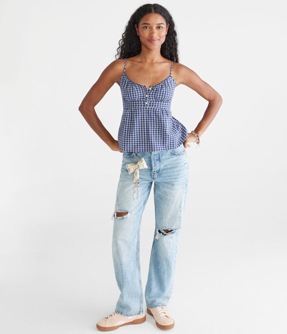 Aéropostale Plaid Scoop-Neck Babydoll Cami Pagoda Blue