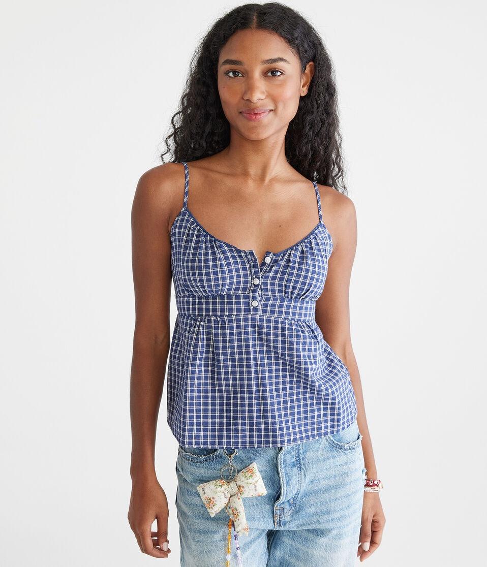 aéropostale Plaid Scoop-Neck Babydoll Cami pagoda blue