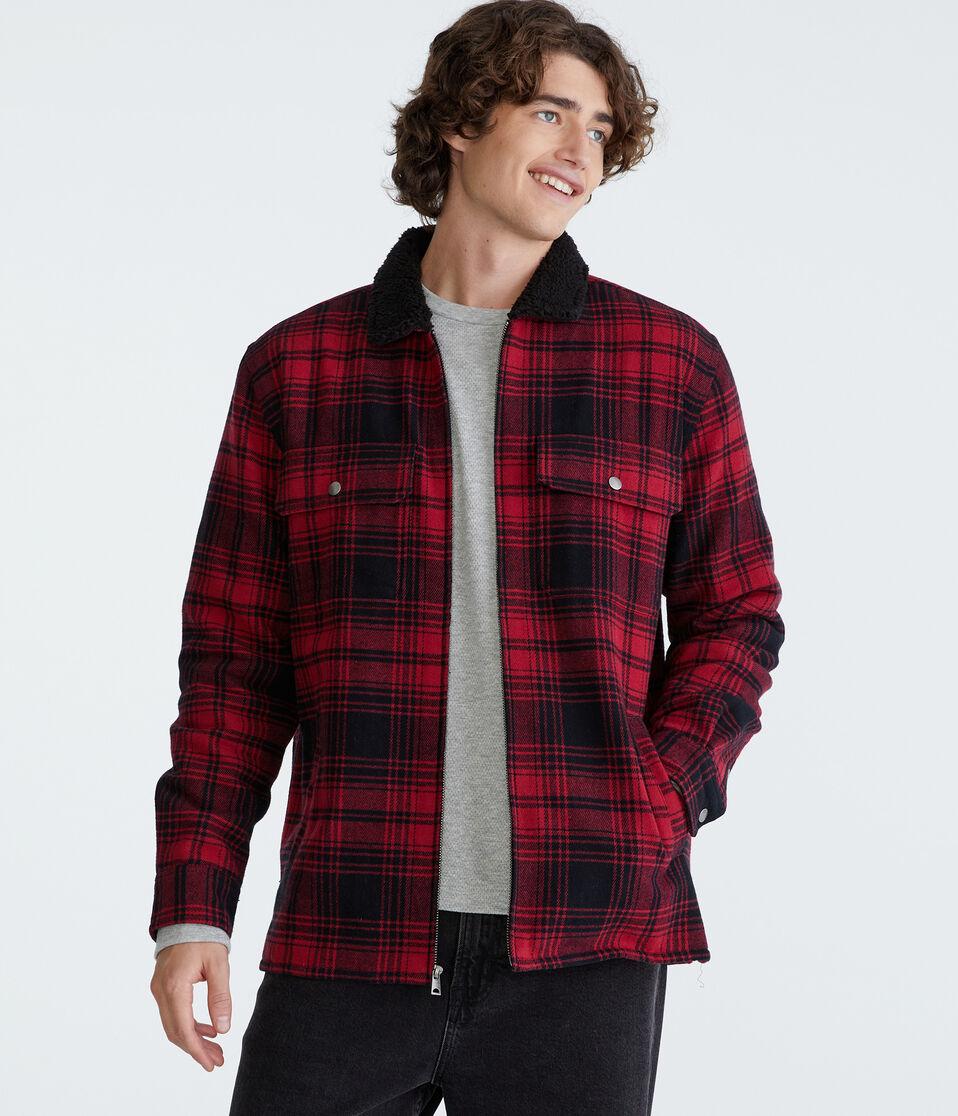 aéropostale Plaid Sherpa-Lined Full-Zip Flannel Shacket roselle red