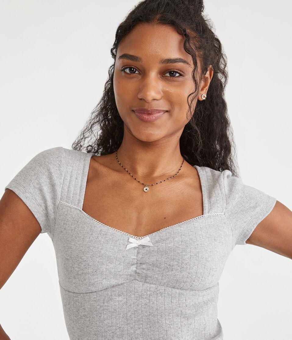 Aéropostale Pointelle Cinch V-Neck Top Light Heather Grey