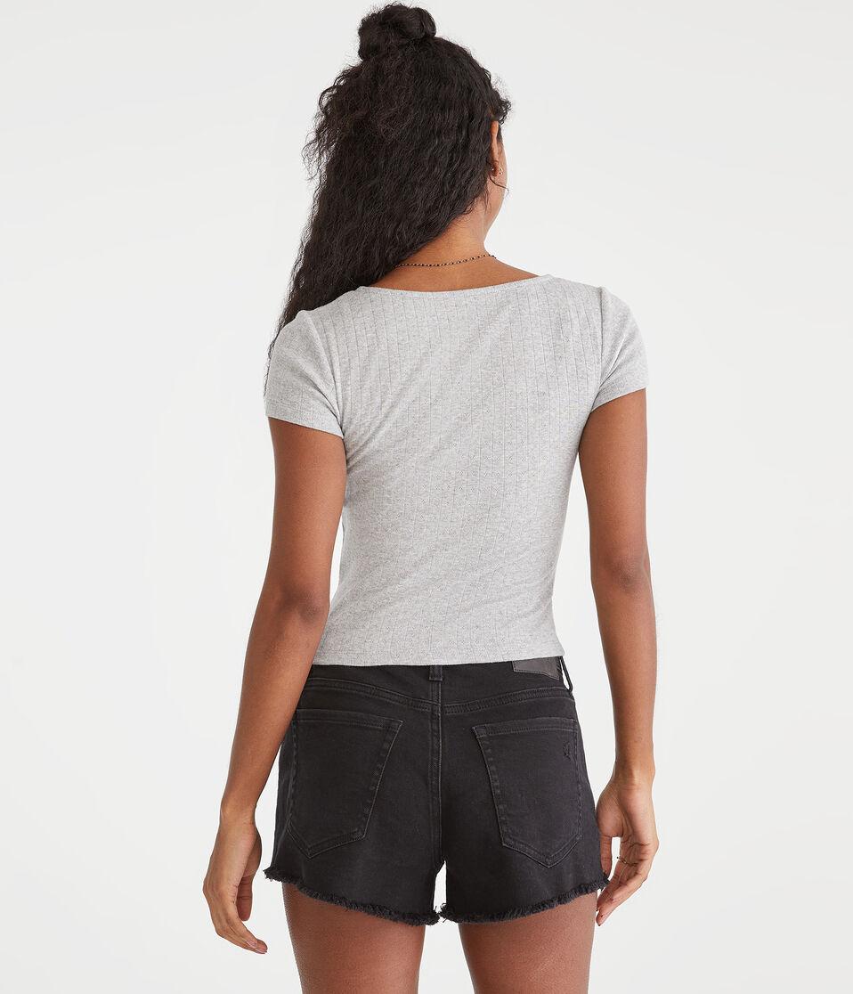 Aéropostale Pointelle Cinch V-Neck Top Light Heather Grey
