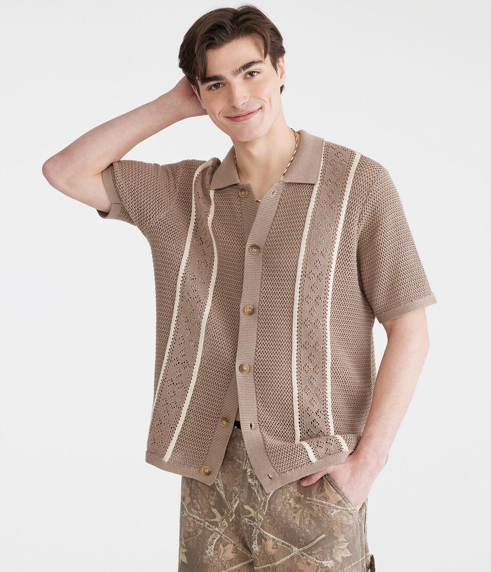 Aéropostale Pointelle Stripe Sweater Shirt Light Brown