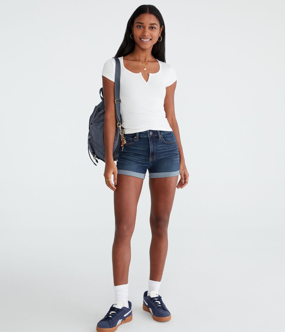 Aéropostale Premium Seriously Stretchy High-Rise Denim Midi Shorts Dark Wash