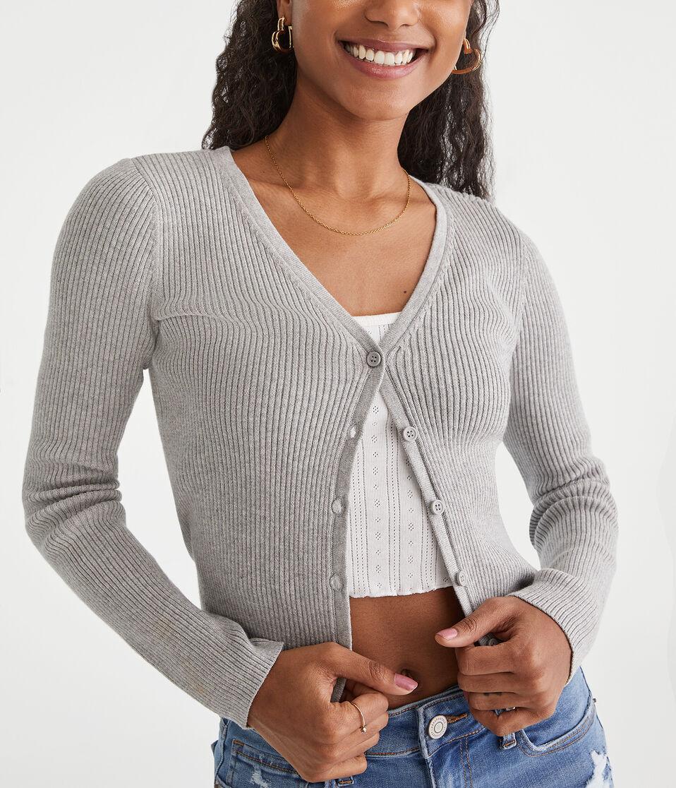 Aéropostale Ribbed V-Neck Cardigan Light Heather Grey