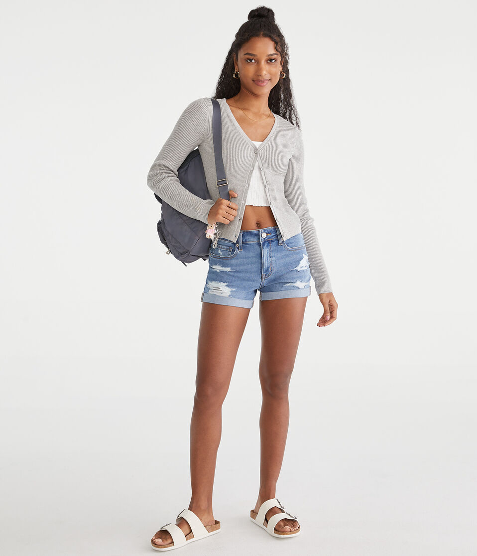 Aéropostale Ribbed V-Neck Cardigan Light Heather Grey