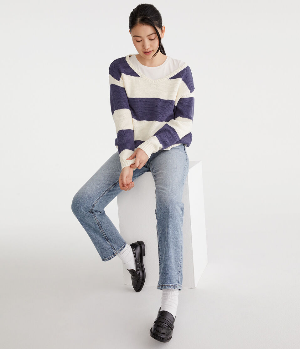 Aéropostale Rugby Stripe V-Neck Sweater Nightshadow Blue
