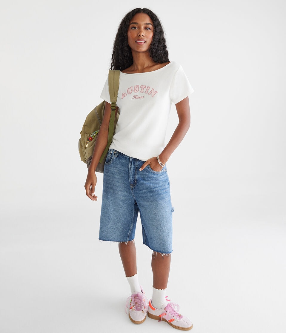 Aéropostale Seriously Soft Austin Off-The-Shoulder Vintage Fit Graphic Tee Cream