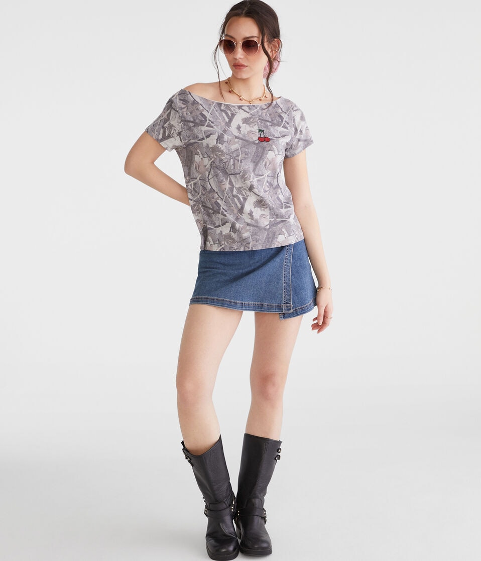 Aéropostale Seriously Soft Camo Cherry Off-The-Shoulder Vintage Fit Graphic Tee Cream
