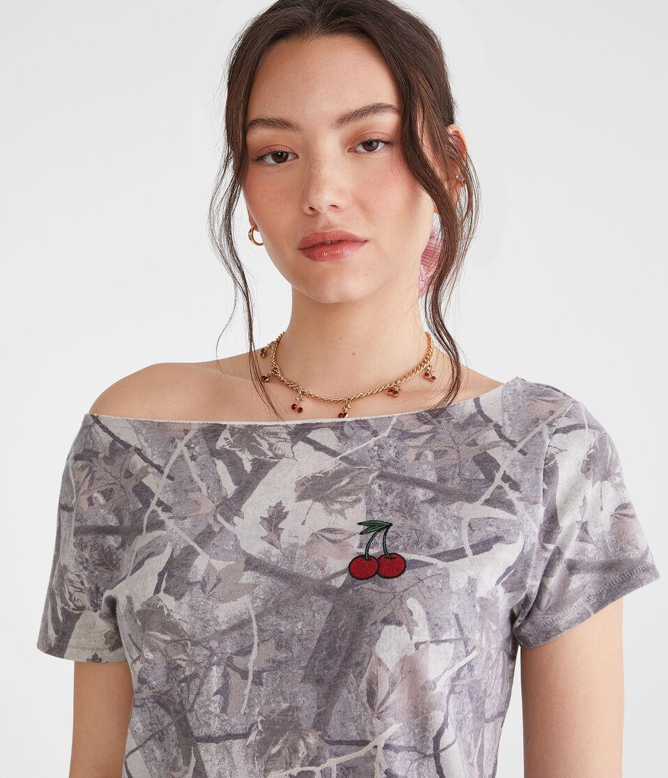 Aéropostale Seriously Soft Camo Cherry Off-The-Shoulder Vintage Fit Graphic Tee Cream