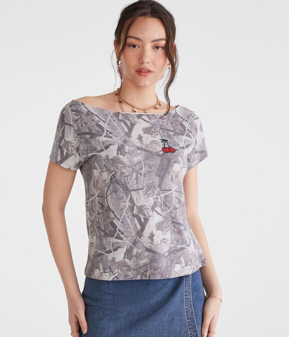 aéropostale Seriously Soft Camo Cherry Off-The-Shoulder Vintage Fit Graphic Tee cream