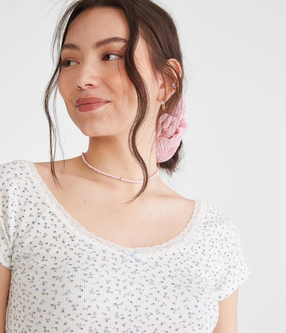 Aéropostale Seriously Soft Floral Lace-Trim Shrunken Tee Cream