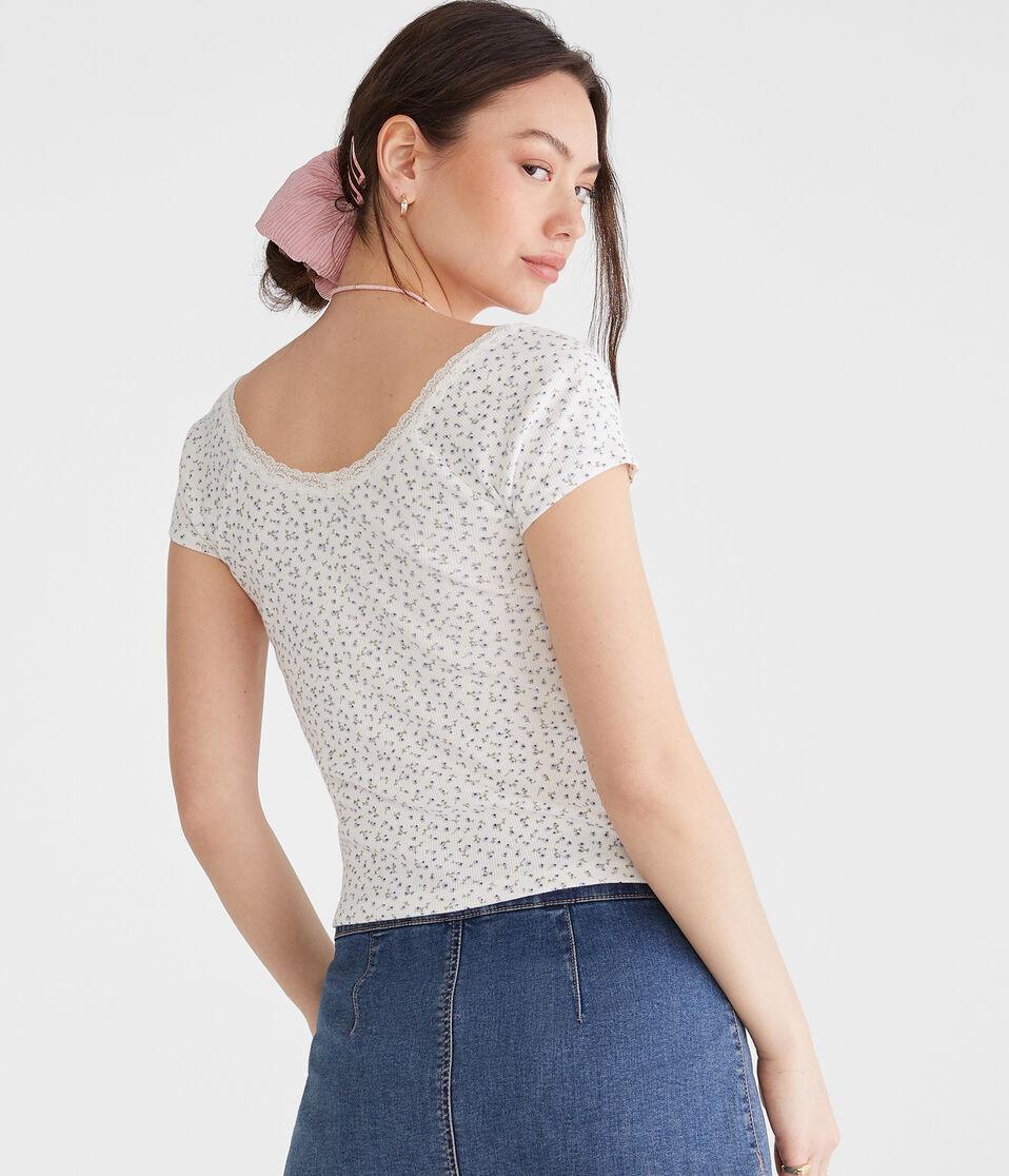 Aéropostale Seriously Soft Floral Lace-Trim Shrunken Tee Cream