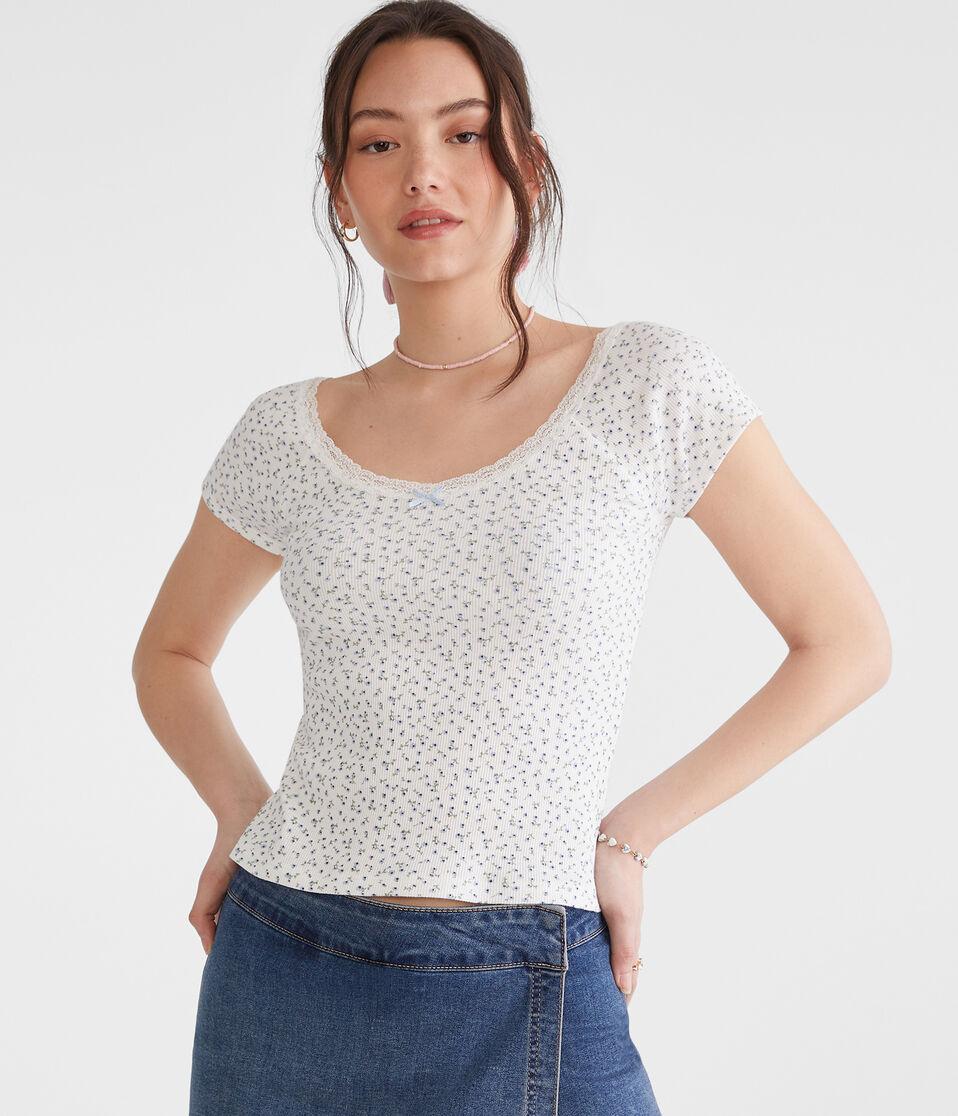 aéropostale Seriously Soft Floral Lace-Trim Shrunken Tee cream