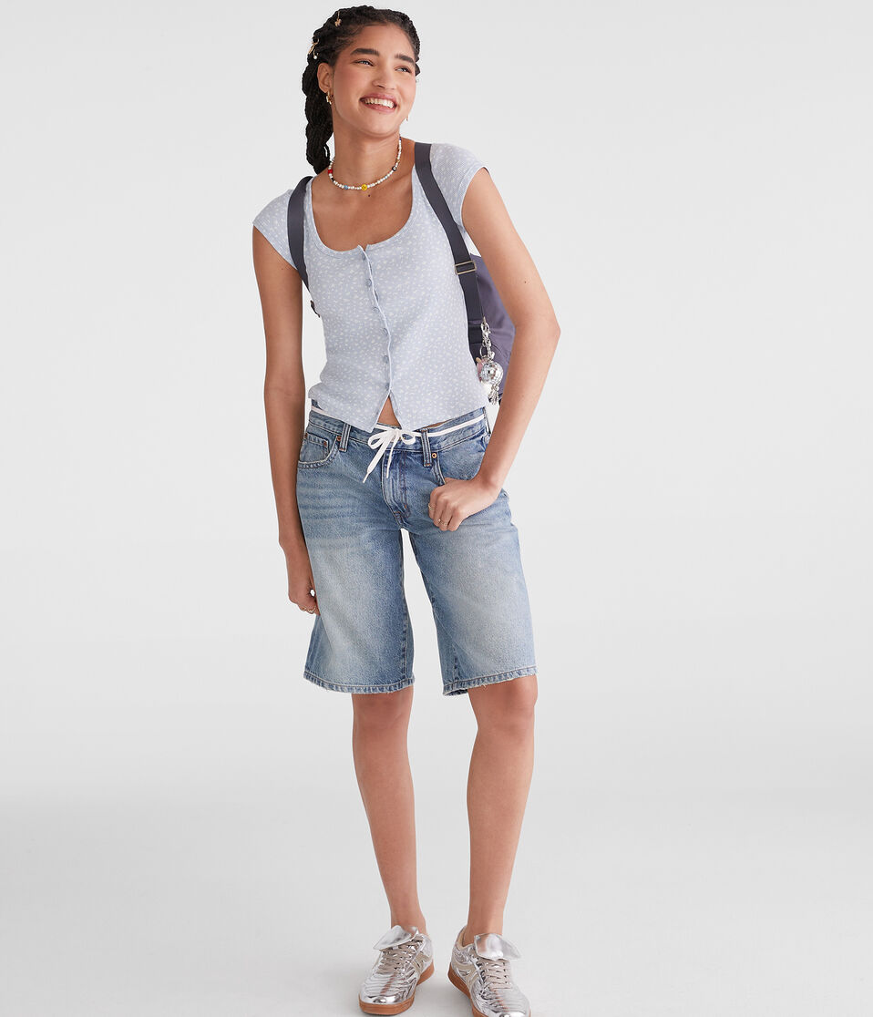 Aéropostale Seriously Soft Floral Scoop-Neck Buttoned Tee Blue Haze