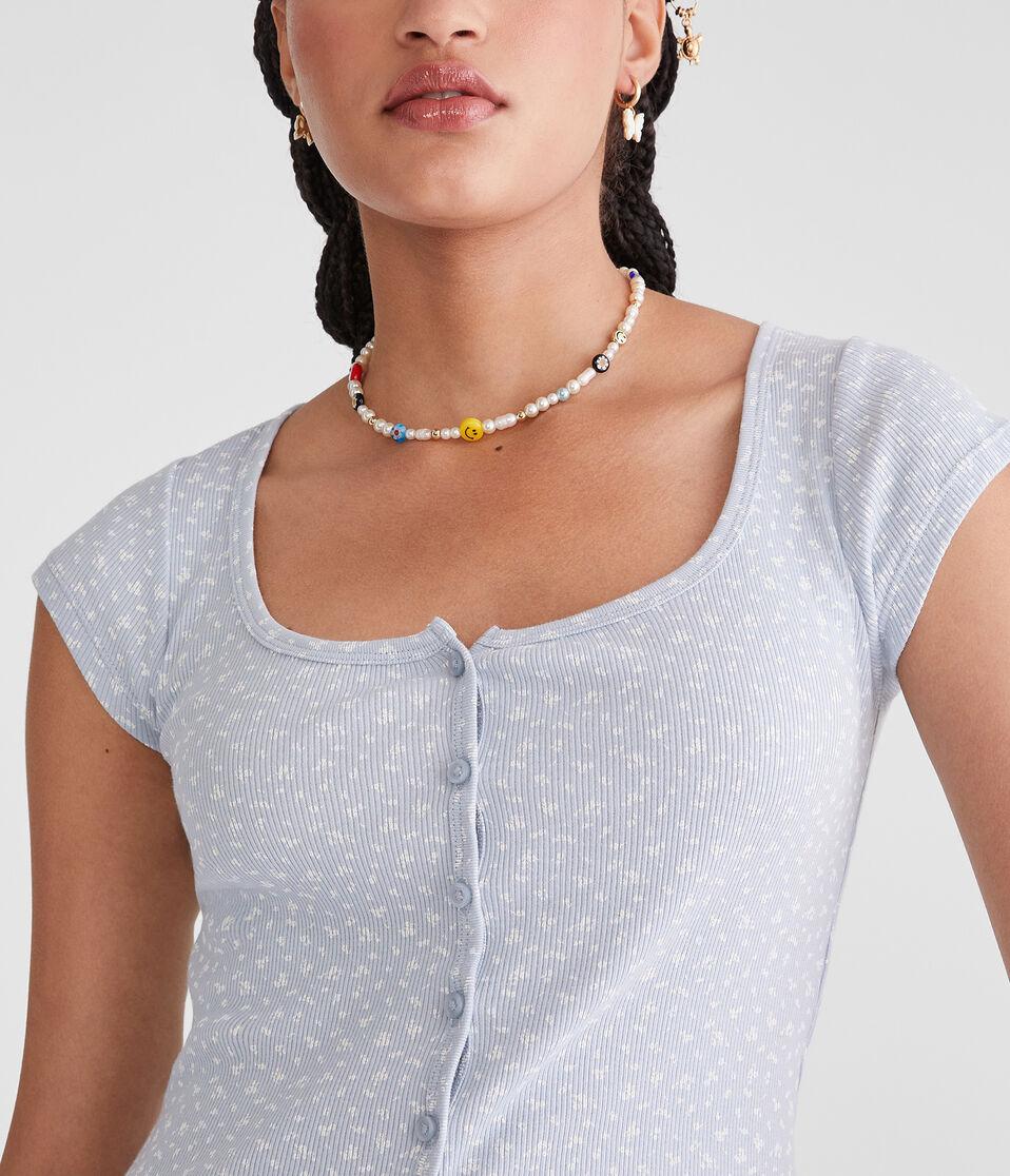 Aéropostale Seriously Soft Floral Scoop-Neck Buttoned Tee Blue Haze