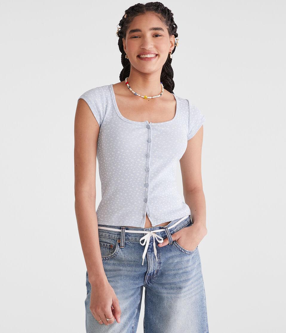 aéropostale Seriously Soft Floral Scoop-Neck Buttoned Tee blue haze