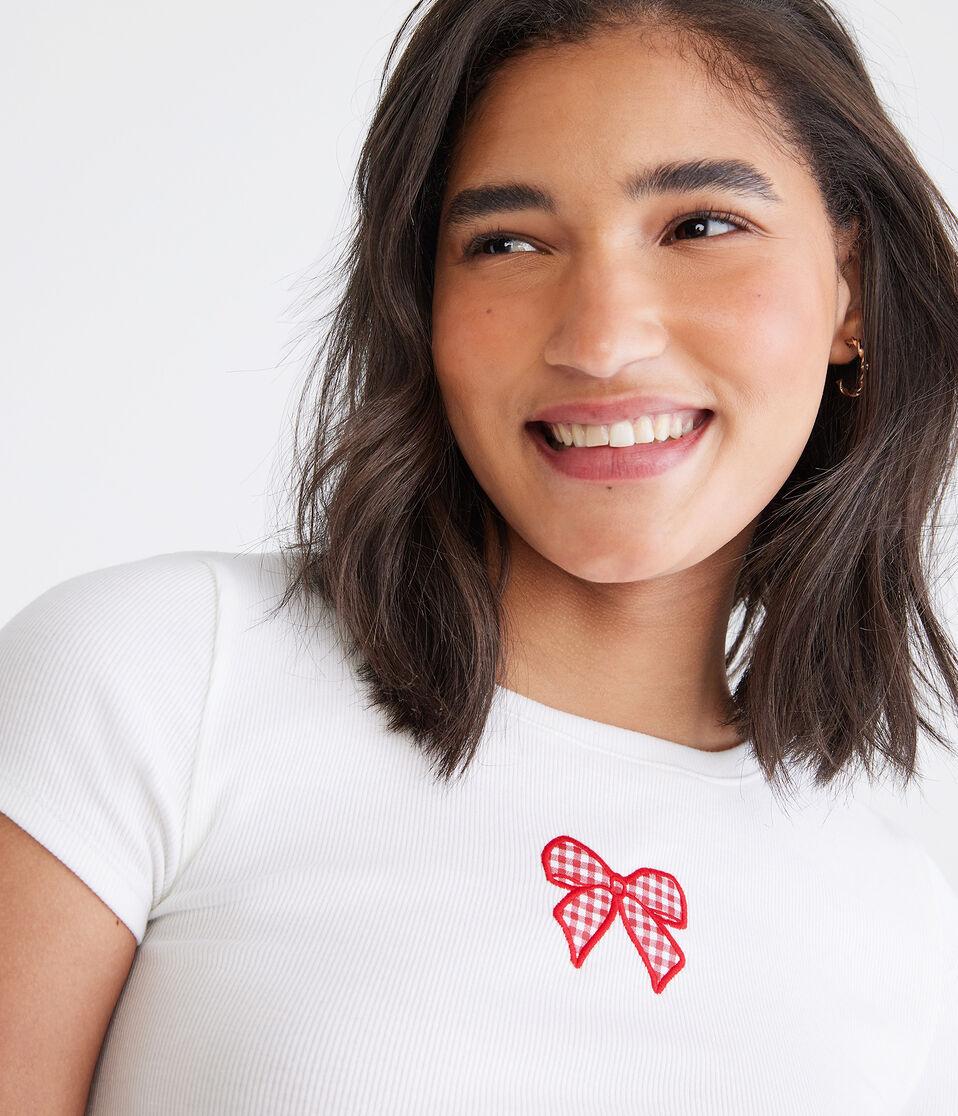 Aéropostale Seriously Soft Gingham Bow Baby Tee Cream