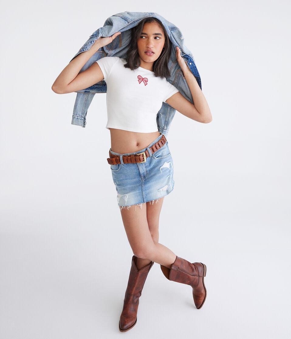 Aéropostale Seriously Soft Gingham Bow Baby Tee Cream