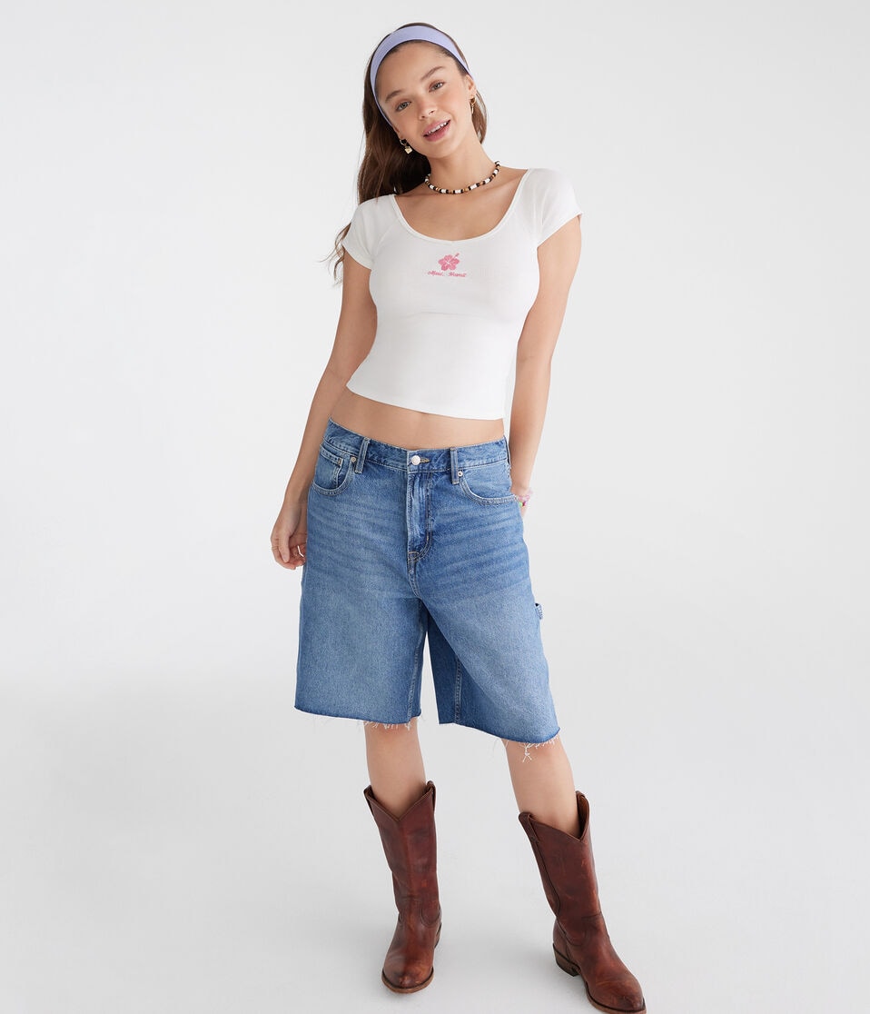 Aéropostale Seriously Soft Hibiscus Cropped V-Neck Tee Cream