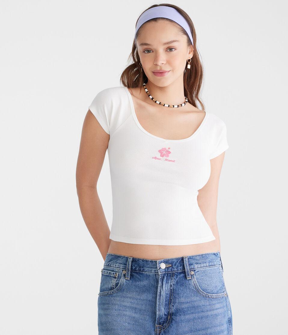 aéropostale Seriously Soft Hibiscus Cropped V-Neck Tee cream