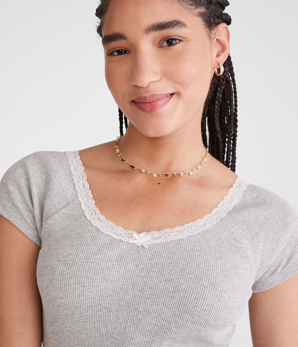 Aéropostale Seriously Soft Lace-Trim Shrunken Tee Light Heather Grey