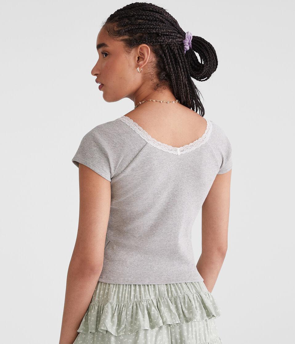 Aéropostale Seriously Soft Lace-Trim Shrunken Tee Light Heather Grey
