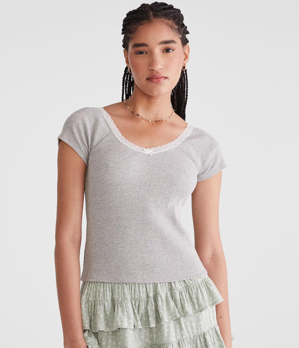 aéropostale Seriously Soft Lace-Trim Shrunken Tee light heather grey