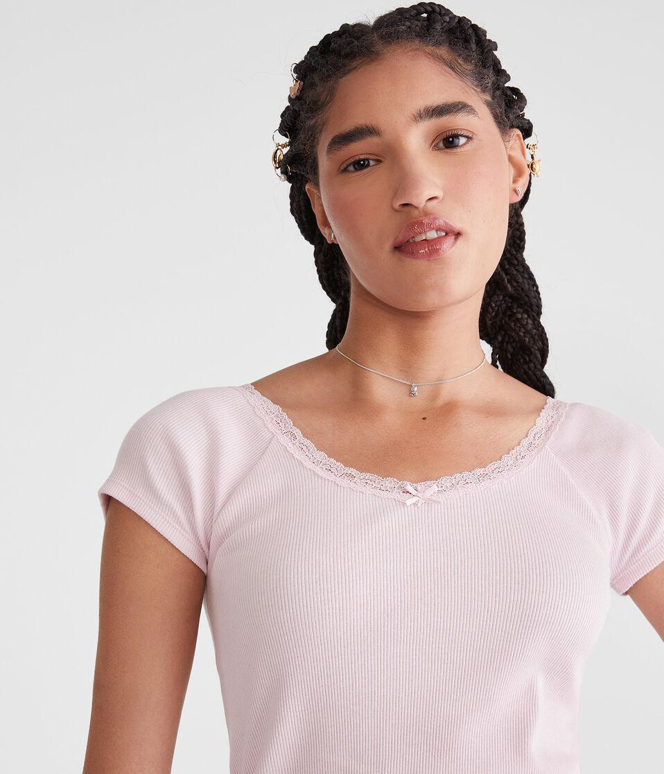Aéropostale Seriously Soft Lace-Trim Shrunken Tee Peach Whip