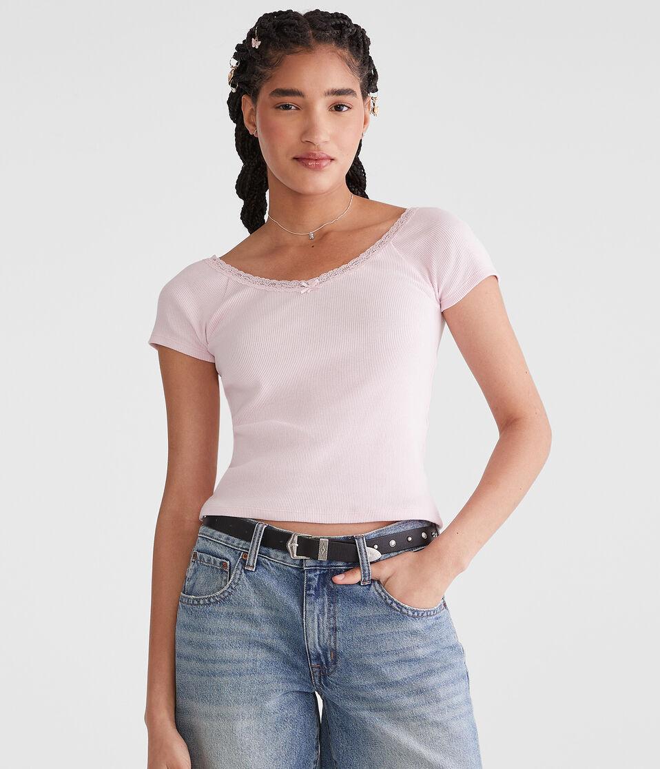 aéropostale Seriously Soft Lace-Trim Shrunken Tee peach whip