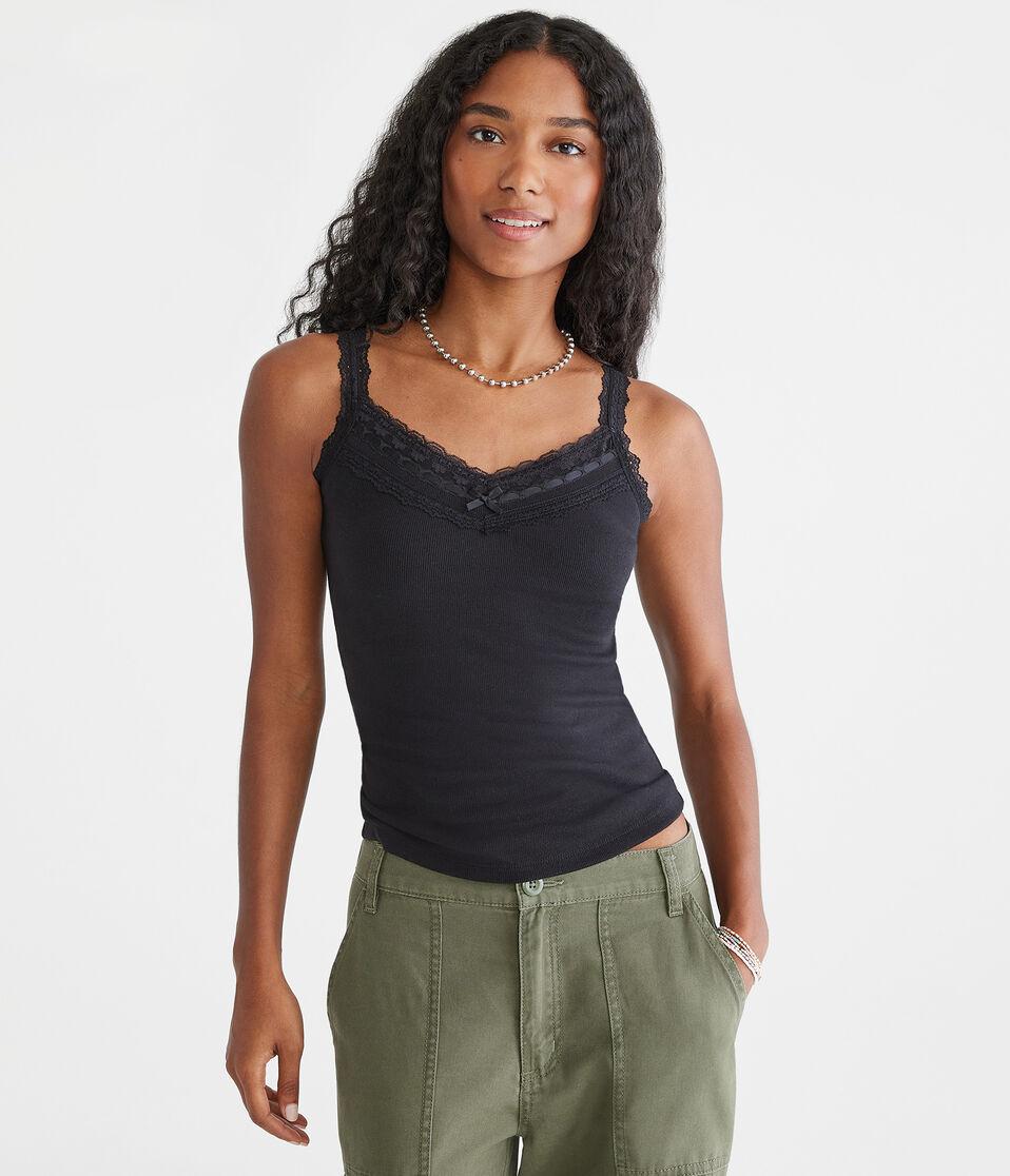 aéropostale Seriously Soft Lace V-Neck Tank black fox