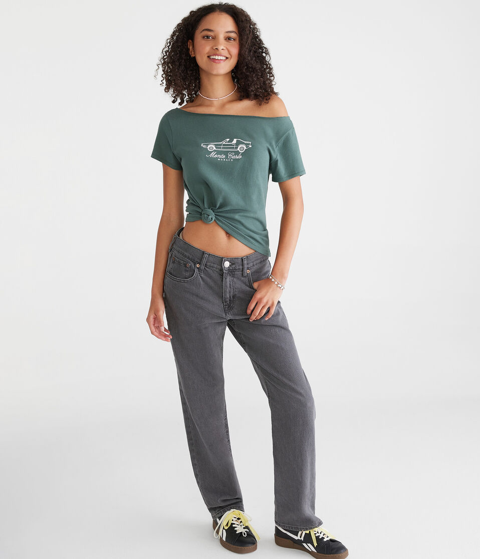 Aéropostale Seriously Soft Monte Carlo Off-The-Shoulder Vintage Fit Graphic Tee Smoke Pine