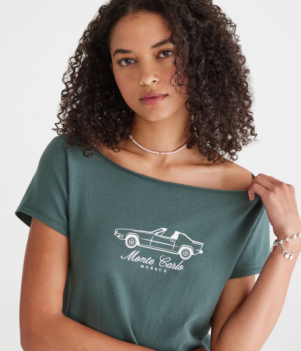 Aéropostale Seriously Soft Monte Carlo Off-The-Shoulder Vintage Fit Graphic Tee Smoke Pine